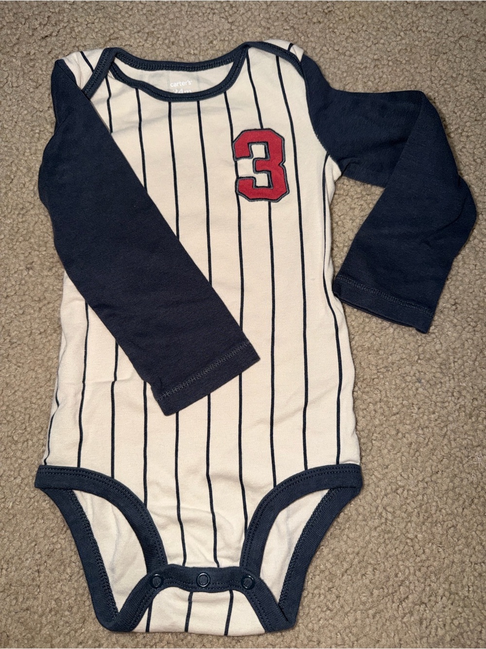 Carter's Navy & White Pinstripe Long-Sleeve Bodysuit with Red Number Patch